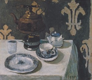 Nature morte avec porcelaine bleu et blanc et bouilloire